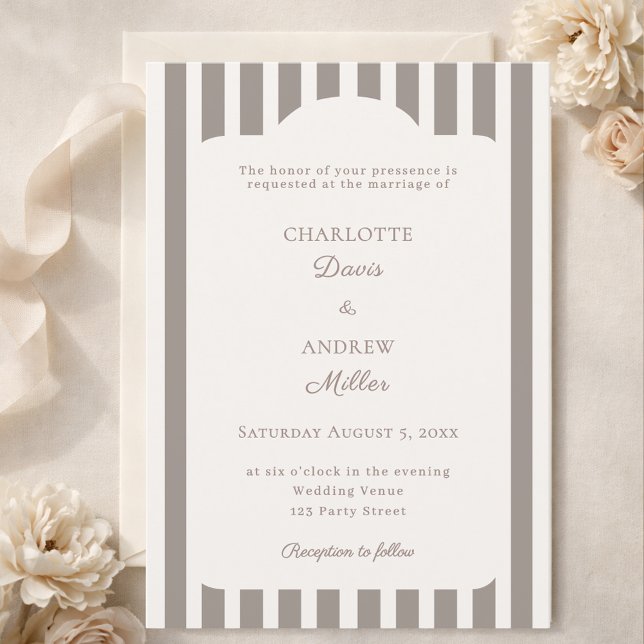 Convites Ivory Taupe Neutral Striped Wedding  (Criador carregado)