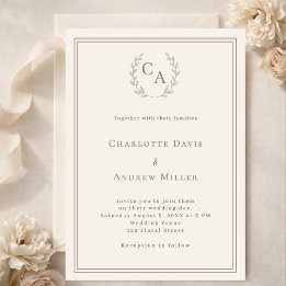 Convites Ivory taupe wreath monogrammed simple wedding