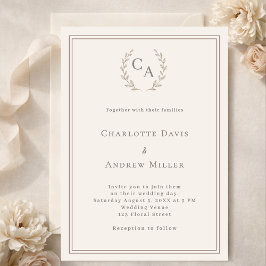 Convites Ivory taupe wreath monogrammed simple wedding