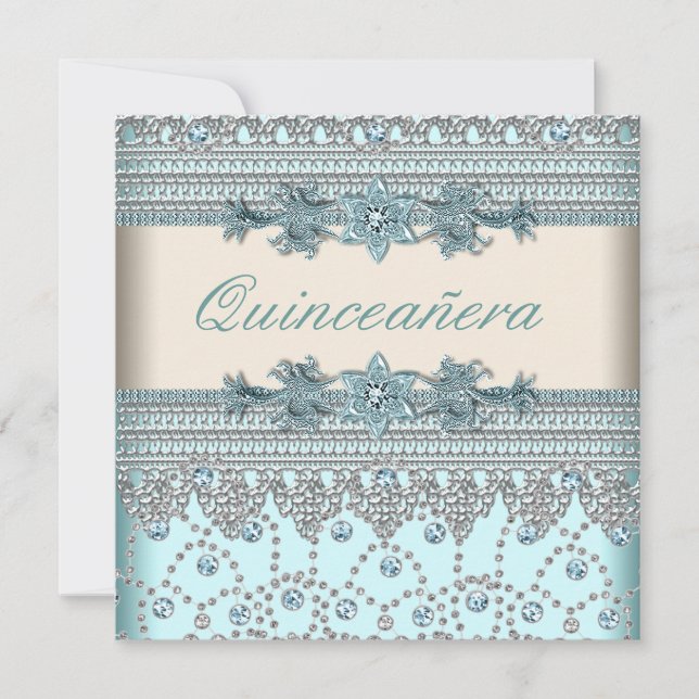 Convites Ivory Teal Blue Quinceanera (Frente)