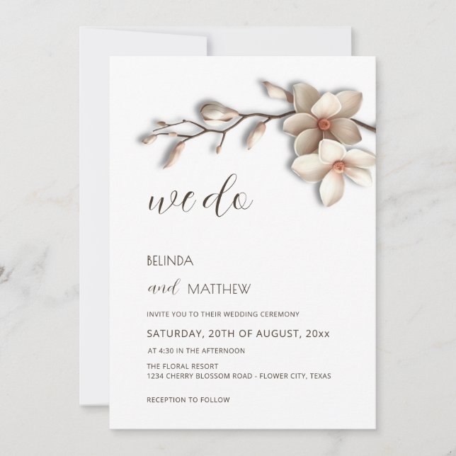 Convites Ivory White 3D Magnolia Flower Wedding (Frente)