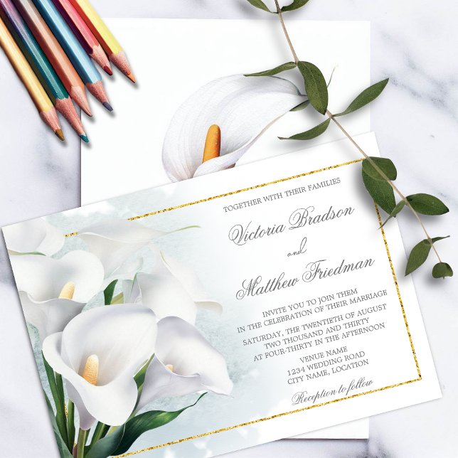 Convites Ivory White Calla Lily Wedding (Watercolor ivory white Calla Lily wedding invitation with gold foil look frame.)