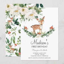 Convites Ivory White Floral Deer Fawn Woodland Aniversário