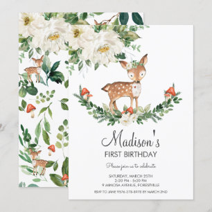 Convites Ivory White Floral Deer Fawn Woodland Aniversário
