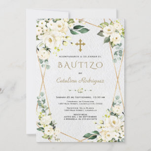 Convites Ivory White Floral espanhol Invitation De Bautizo