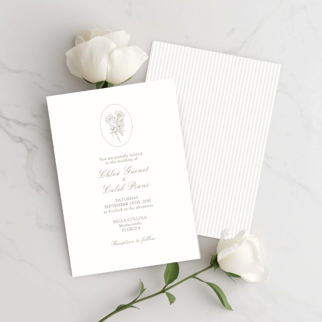 Convites Ivory White & Sand | Stripe Floral Wedding  (Criador carregado)