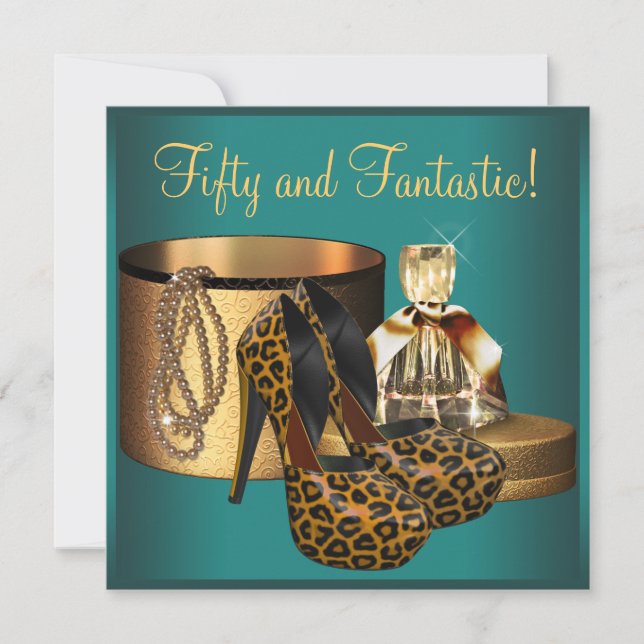 Convites Jade Leopard Douradas Mulheres 50º Aniversário (Frente)