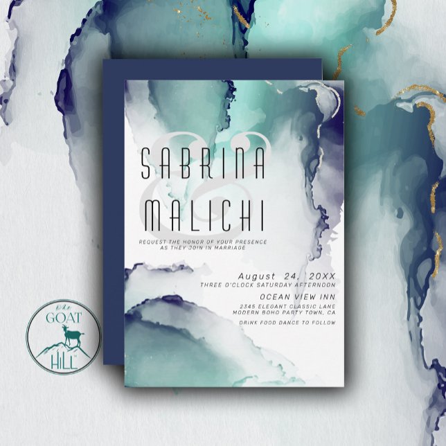 Convites Jade Negrito e Tinta Marinho Azul Moderna de Fluid (Criador carregado)