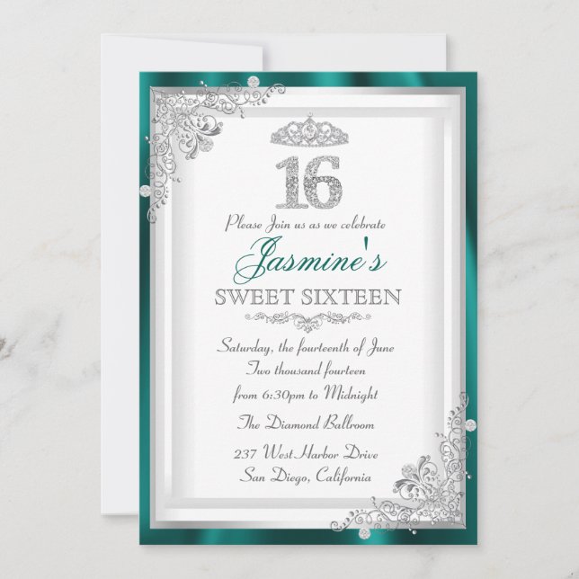 Convites Jade Silver Diamond Damask & Tiara Sweet 16 Invite (Frente)