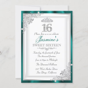 Convites Jade Silver Diamond Damask & Tiara Sweet 16 Invite