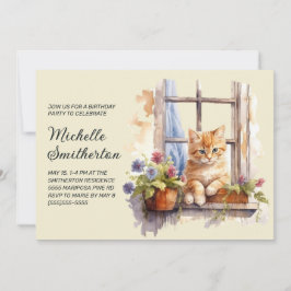 Convites Janela de Flores Gatinho Amarelo Aniversário