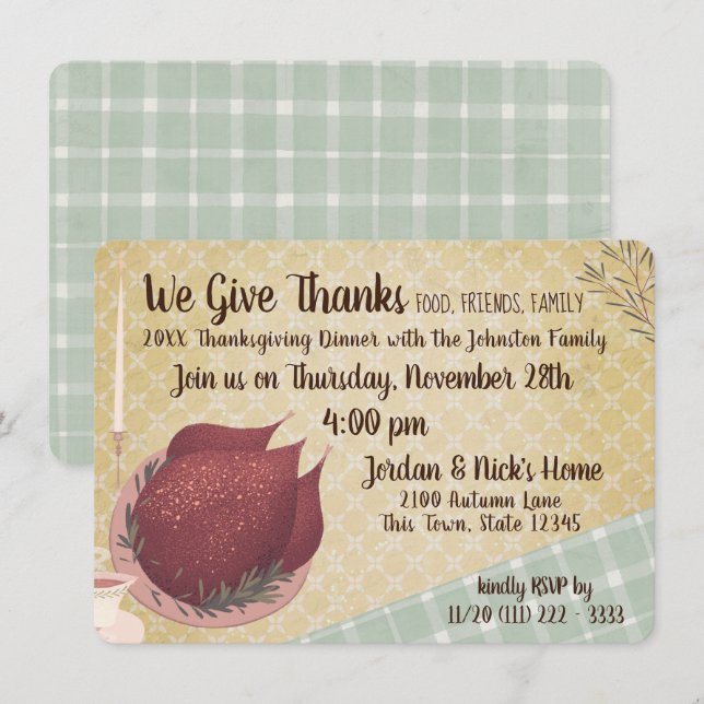 Convites Janta de Ação de Graças Retro (Frente/Verso)