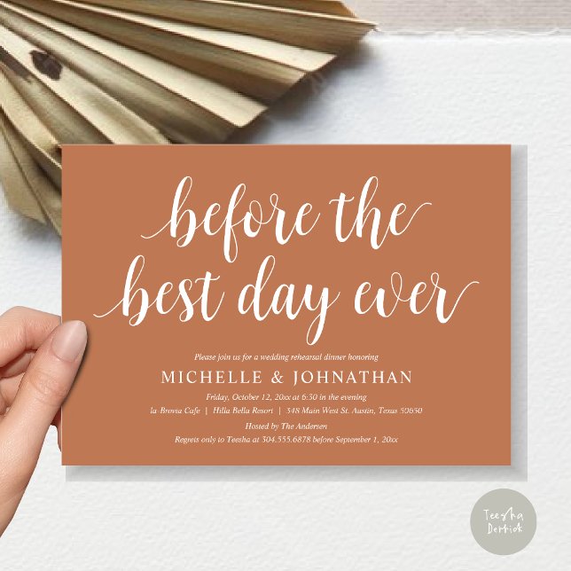 Convites Janta De Ensaio De Casamento, Antes Do Melhor Dia  (Before the best day ever, wedding rehearsal dinner invitation card, PDF, in Copper Rust)