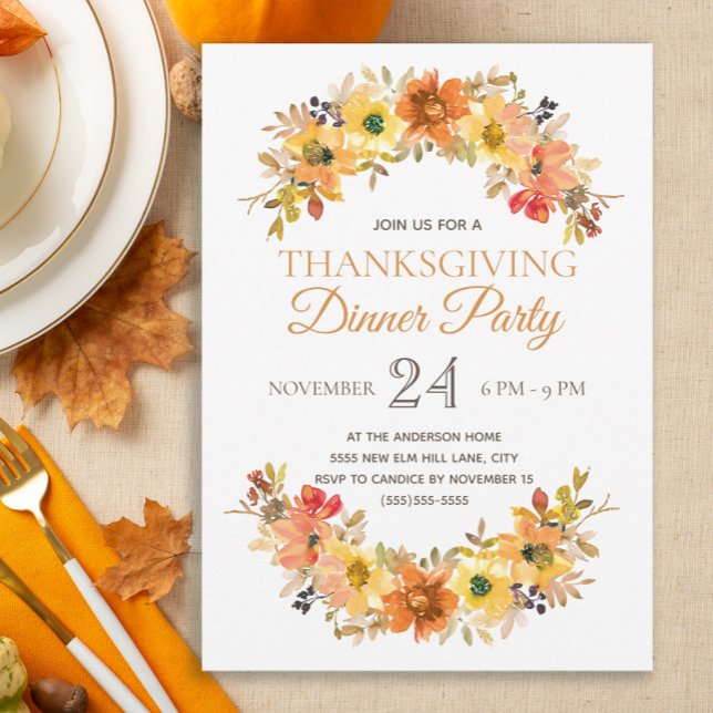 Convites Janta Floral de Ação de Graças da Elegante (Elegant fall floral and leaves Thanksgiving Dinner invitation)