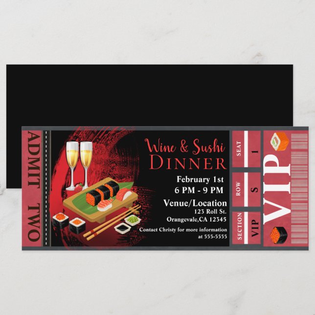 Convites Jantar Almoço de Vinho e Sushi Bilhete para Evento (Frente/Verso)