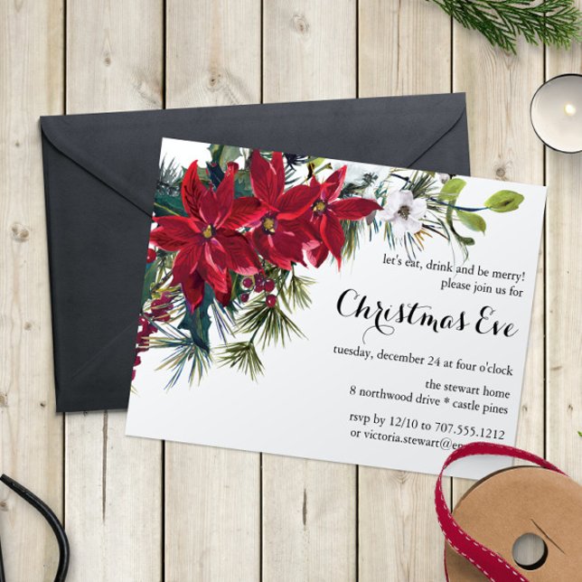 Convites Jantar da Véspera de Natal com Poinsettia em Aquar (Criador carregado)