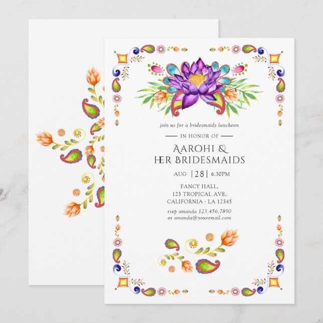 Convites Jantar das Damas de Honra Flor de Lótus Paisley (Frente/Verso)