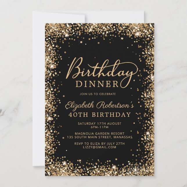 Convites Jantar de 40º Aniversário Black Gold Glitter Scrip (Frente)