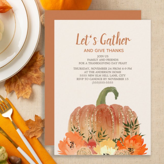 Convites Jantar de Ação de Graças Abóboras Laranjas Dourado (Autumn/fall pumpkins Thanksgiving dinner invitation)