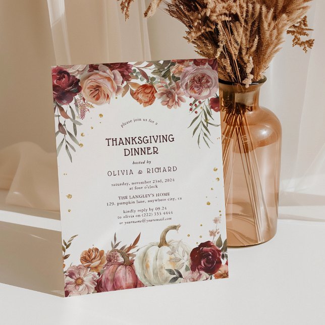 Convites Jantar de Ação de Graças Boho Pumpkin Autumn Bloom (Criador carregado)