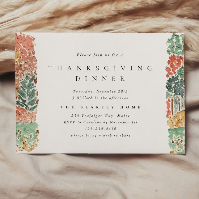 Convites Jantar de Ação de Graças com Árvores de Outono em  (Watercolor Autumn Trees Thanksgiving Dinner Invitation)