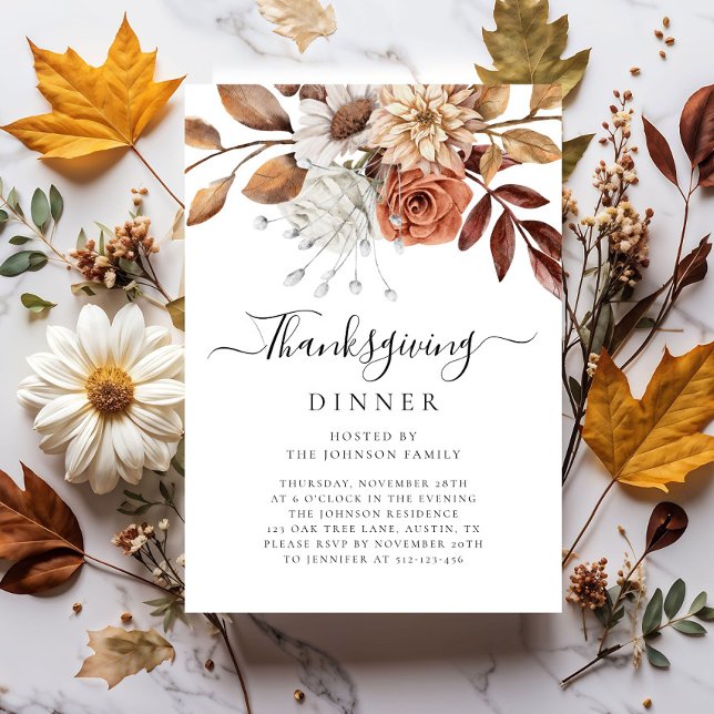 Convites Jantar de Ação de Graças com Floral de Outono Eleg (Elegant Fall Floral Thanksgiving Dinner Invitation)