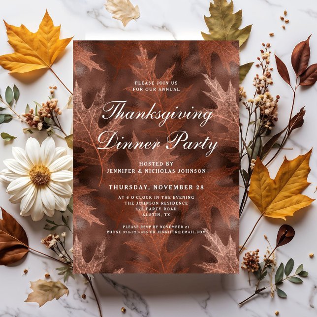 Convites Jantar de Ação de Graças com Folhas de Outono Eleg (Elegant Fall Leaves Thanksgiving Dinner Party Invitation)