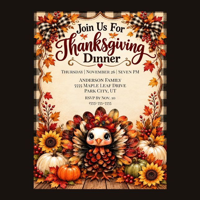 Convites Jantar de Ação de Graças com Peru Fofo (Cute Turkey Thanksgiving Dinner Invitation)