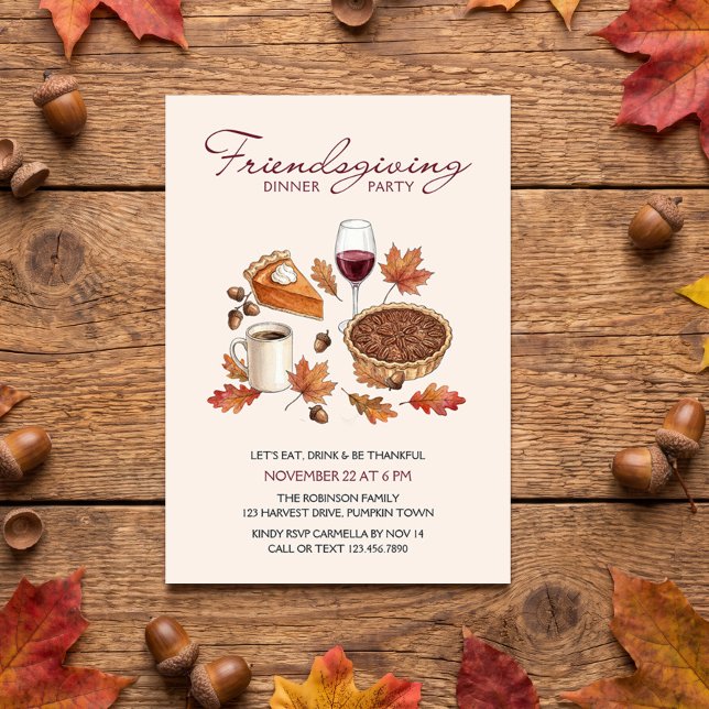 Convites Jantar de Ação de Graças com Torta e Folhas Rústic (Friendsgiving dinner party invitation by Darling & May)
