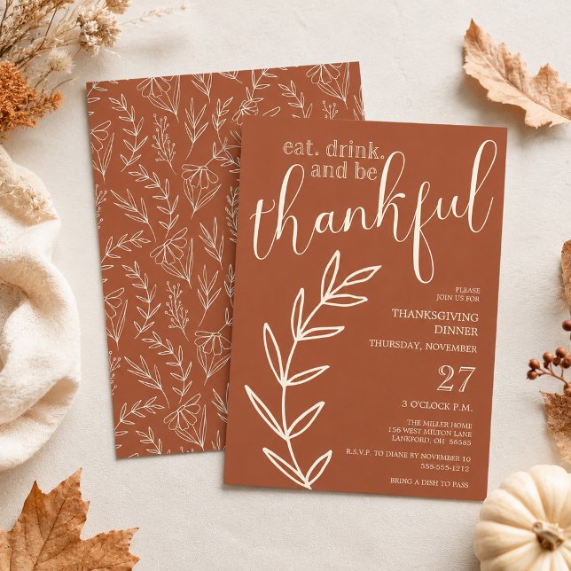 Convites Jantar de Ação de Graças Coma, Beba e Seja Grato  (Eat Drink and be Thankful Thanksgiving Dinner Invitation with Hand Drawn Florals)