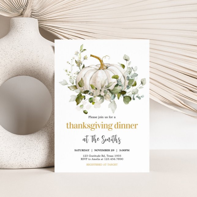 Convites Jantar de Ação de Graças de Outono com Abóbora Bra (White Pumpkin Thanksgiving Dinner Party Invitation)