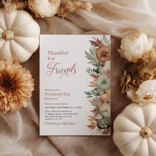 Convites Jantar de Ação de Graças de Outono Folhas Abóbora  (Thankful for friends! Pumpkin Thanksgiving Dinner Invitation)
