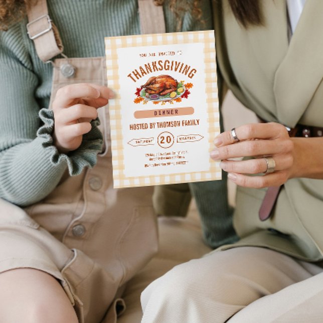 Convites Jantar de Ação de Graças de Peru Rústico Gingham O (Pumpkin Rustic Thanksgiving Dinner Fall Watercolor Invitation)
