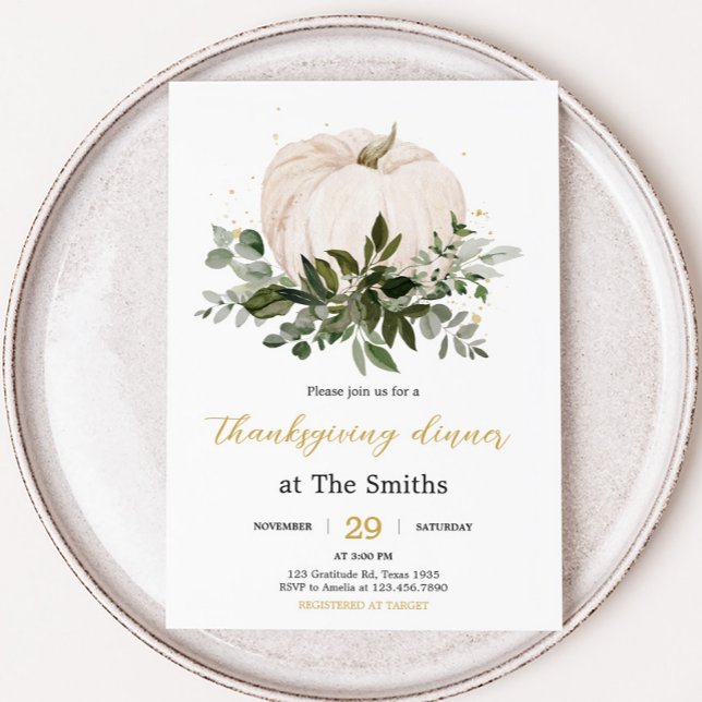 Convites Jantar de Ação de Graças do Abóbora Branca (White Pumpkin Fall Thanksgiving Dinner Party Invitation)