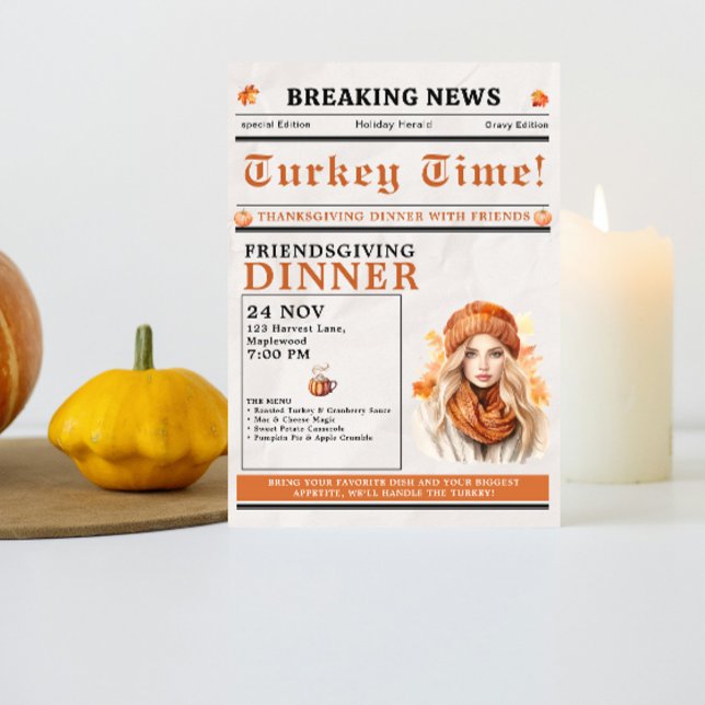 Convites Jantar de Ação de Graças dos Amigos no Outono (Newspaper Friendsgiving Dinner Thanksgiving Fall Invitation simple minimalist pumpkin funny unique)