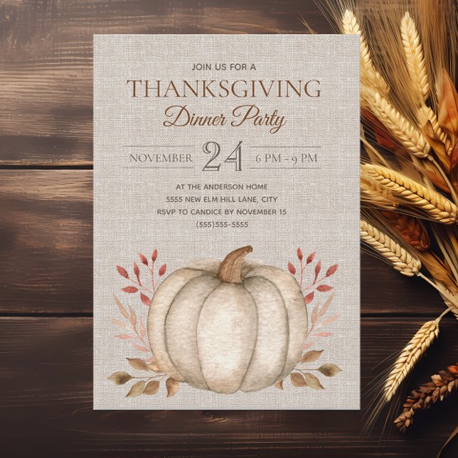 Convites Jantar de Ação de Graças em Linho de Abóbora Rústi (Rustic white pumpkin on linen-like background Thanksgiving Dinner invitation)