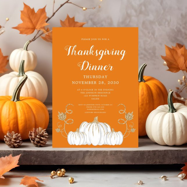 Convites Jantar de Ação de Graças Festa de Laranja de Abóbo (Cute Pumpkin Orange Thanksgiving Dinner Party Invitation)