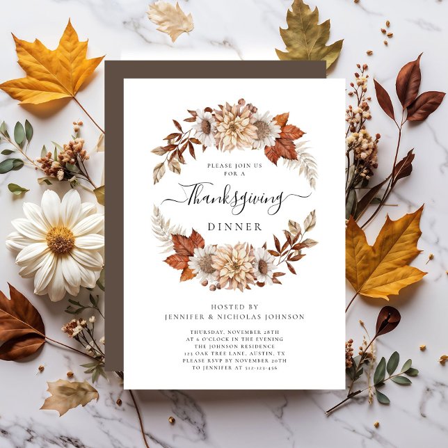 Convites Jantar de Ação de Graças Floral de Outono Marrom R (Rustic Brown Fall Floral Thanksgiving Dinner Invitation)