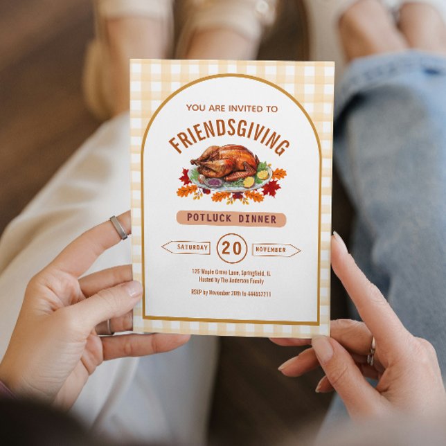 Convites Jantar de Ação de Graças no estilo Gingham  (Rustic Turkey Thanksgiving Dinner Gingham Fall Invitation)