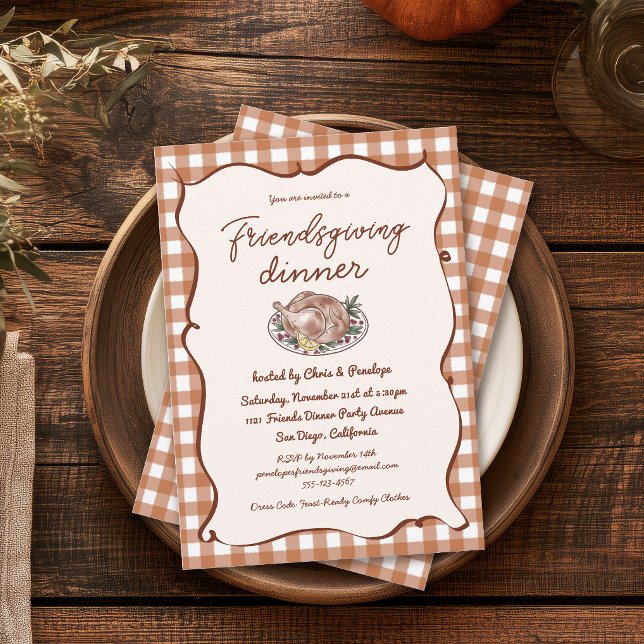 Convites Jantar de Ação de Graças Rustic Gingham Friendsgiv (Criador carregado)