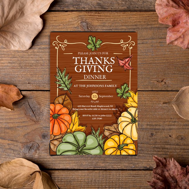 Convites Jantar de Ação de Graças Rústico Caprichoso Abóbor (Whimsical Rustic Thanksgiving Dinner Pumpkin Fall Invitation)