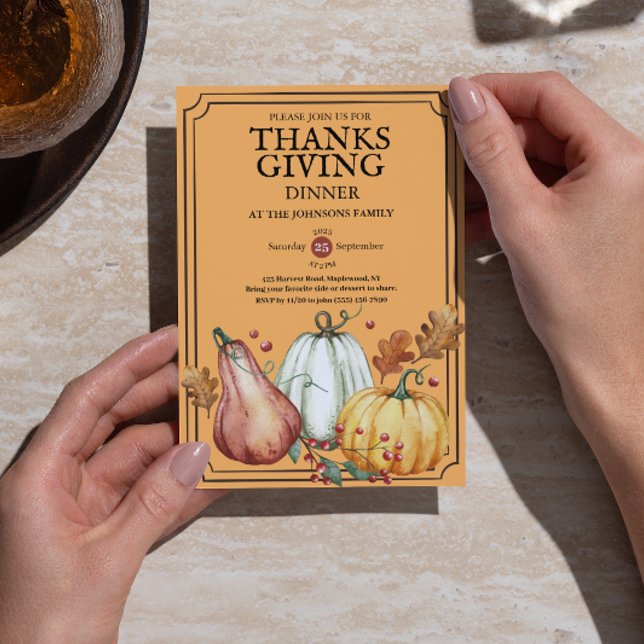 Convites Jantar de Ação de Graças Rústico de Abóbora Outono (Pumpkin Rustic Thanksgiving Dinner Fall Watercolor Invitation)