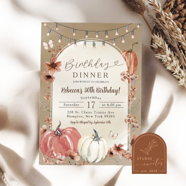 Convites Jantar de Aniversário Abóbora Flor Silvestre Boho (Criador carregado)