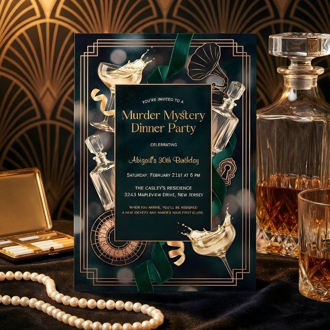 Convites Jantar de Aniversário com Mistério de Assassinato  (Speakeasy Murder Mystery Birthday – Art Deco Black & Gold, Champagne, Personalized)