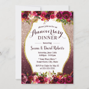 Convites Jantar de Aniversário de Casamento Burgundy Floral