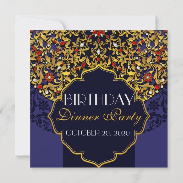 Convites Jantar de Aniversário de Luxo com Joias em Azul, V (Frente)