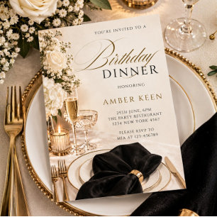 Convites Jantar de Aniversário Formal Preto e Dourado Elega