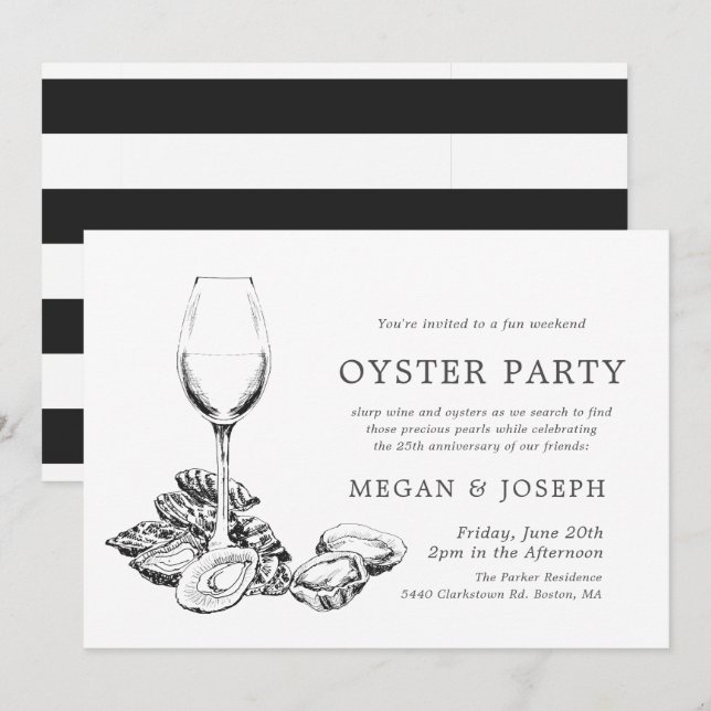 Convites Jantar de Aniversário Oyster Pearl | Listras Preta (Frente/Verso)