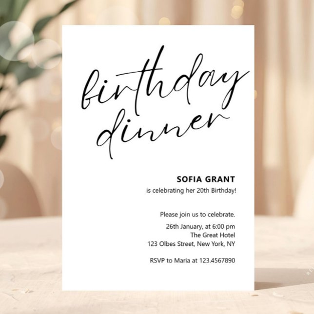 Convites Jantar de Aniversário Unisex Simples Preto e Branc (birthday dinner invitations, adult birthday dinner invites, any age, womens or mens birthday dinner,)