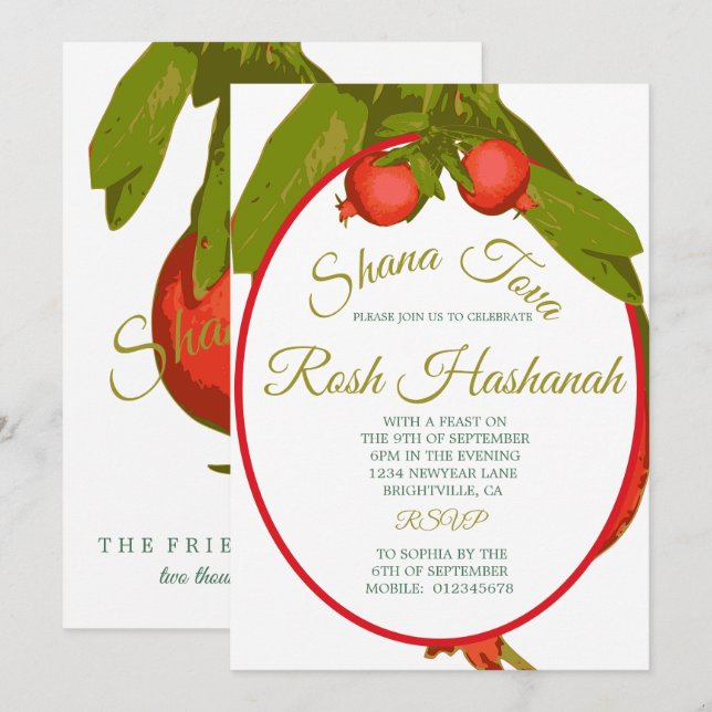 Convites Jantar de Ano Novo Judaico Rosh Hashanah Romã (Frente/Verso)